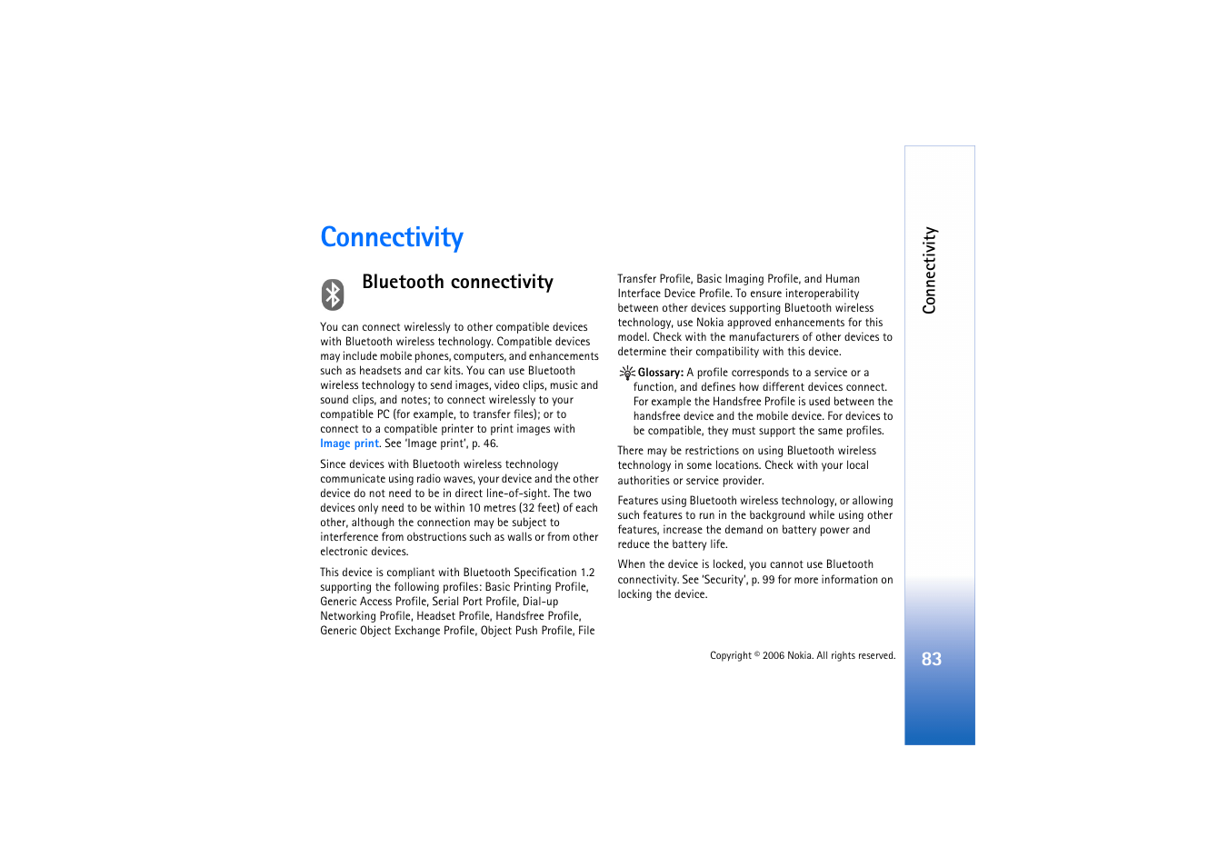 Connectivity, Bluetooth connectivity, D ‘bluetooth connectivity’, p. 83 | Nokia N72 User Manual | Page 84 / 121