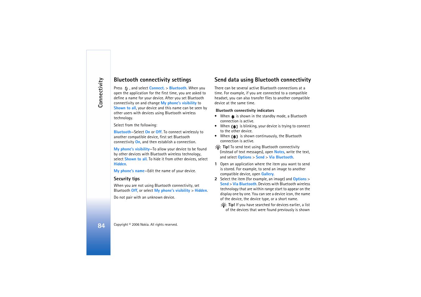 Bluetooth connectivity settings, Send data using bluetooth connectivity, And ‘send data using | Bluetooth connectivity’, p. 84, Connectivity | Nokia N72 User Manual | Page 85 / 121