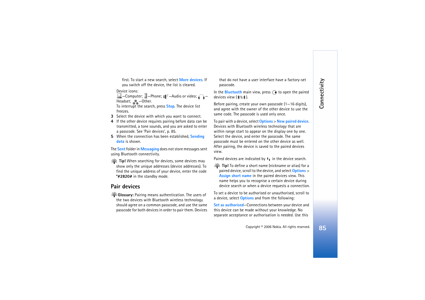 Pair devices, Connectivity | Nokia N72 User Manual | Page 86 / 121