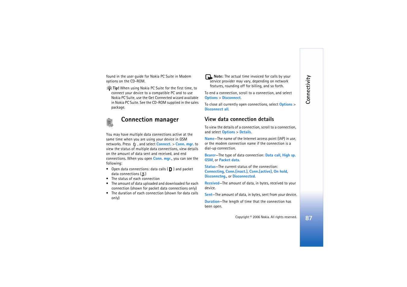 Connection manager, View data connection details, Connectivity | Nokia N72 User Manual | Page 88 / 121