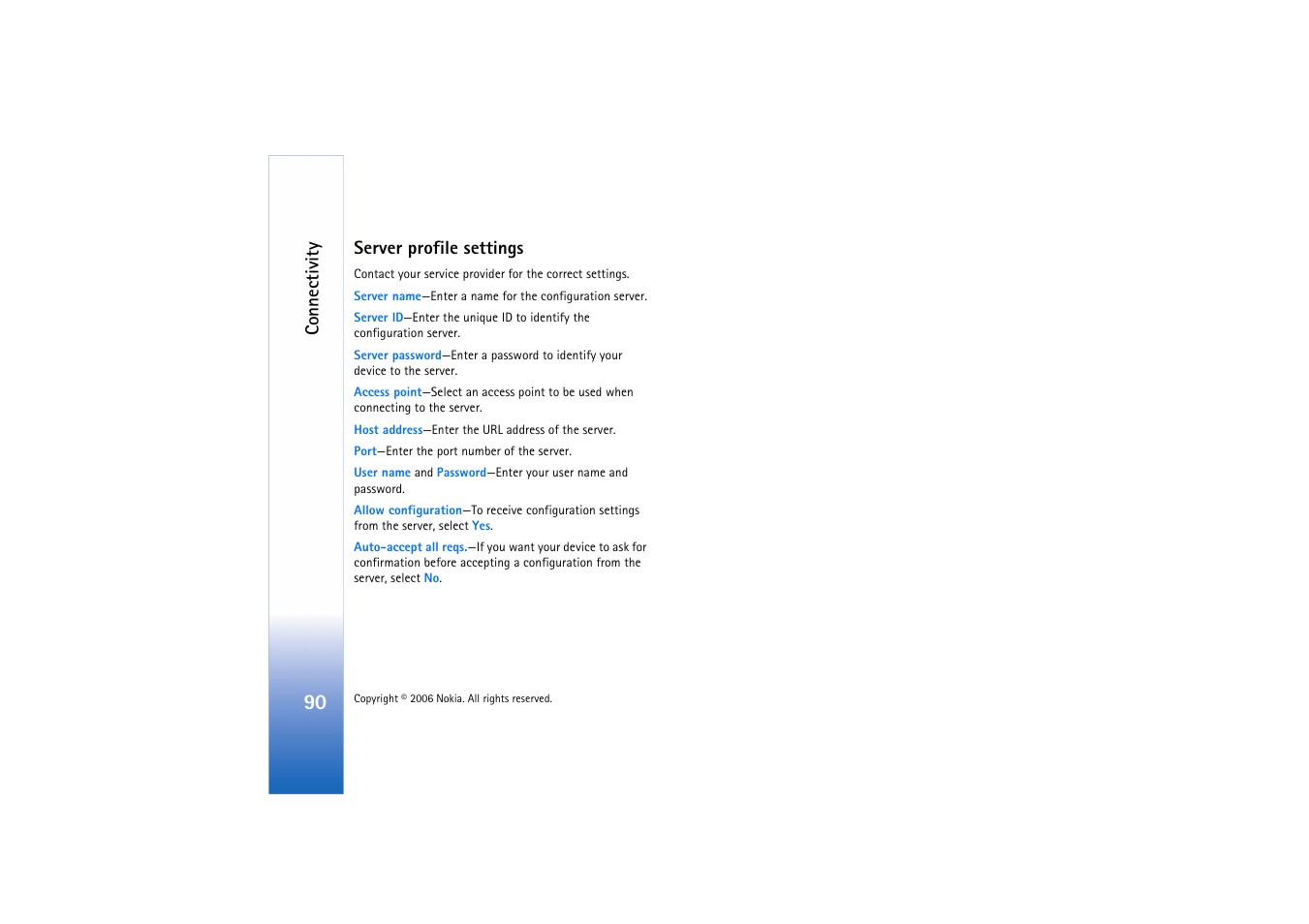 Server profile settings, Connectivity | Nokia N72 User Manual | Page 91 / 121