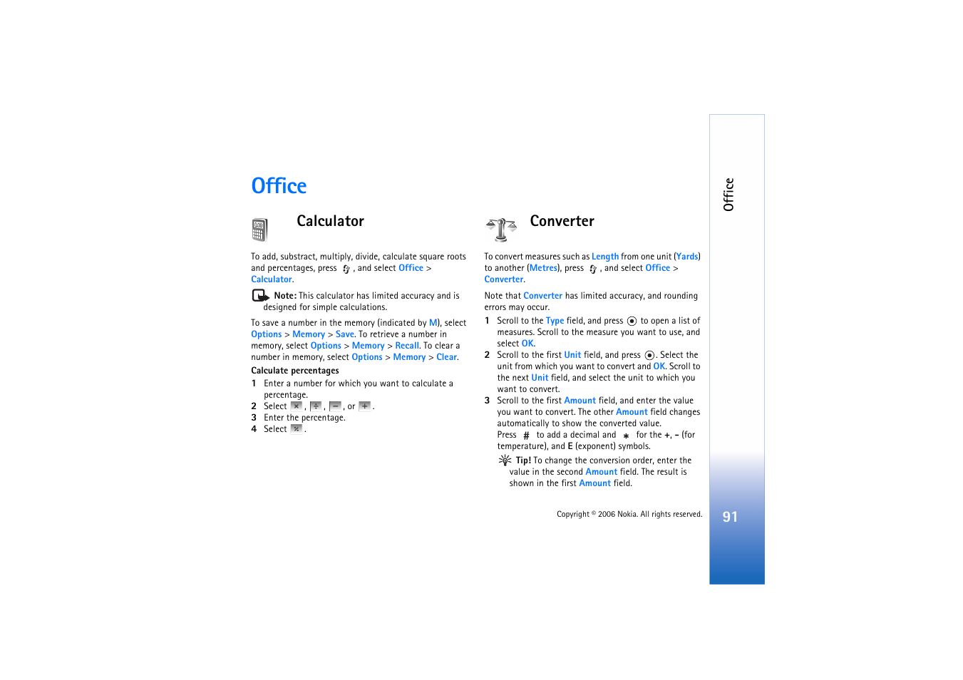 Office, Calculator, Converter | Calculator converter | Nokia N72 User Manual | Page 92 / 121