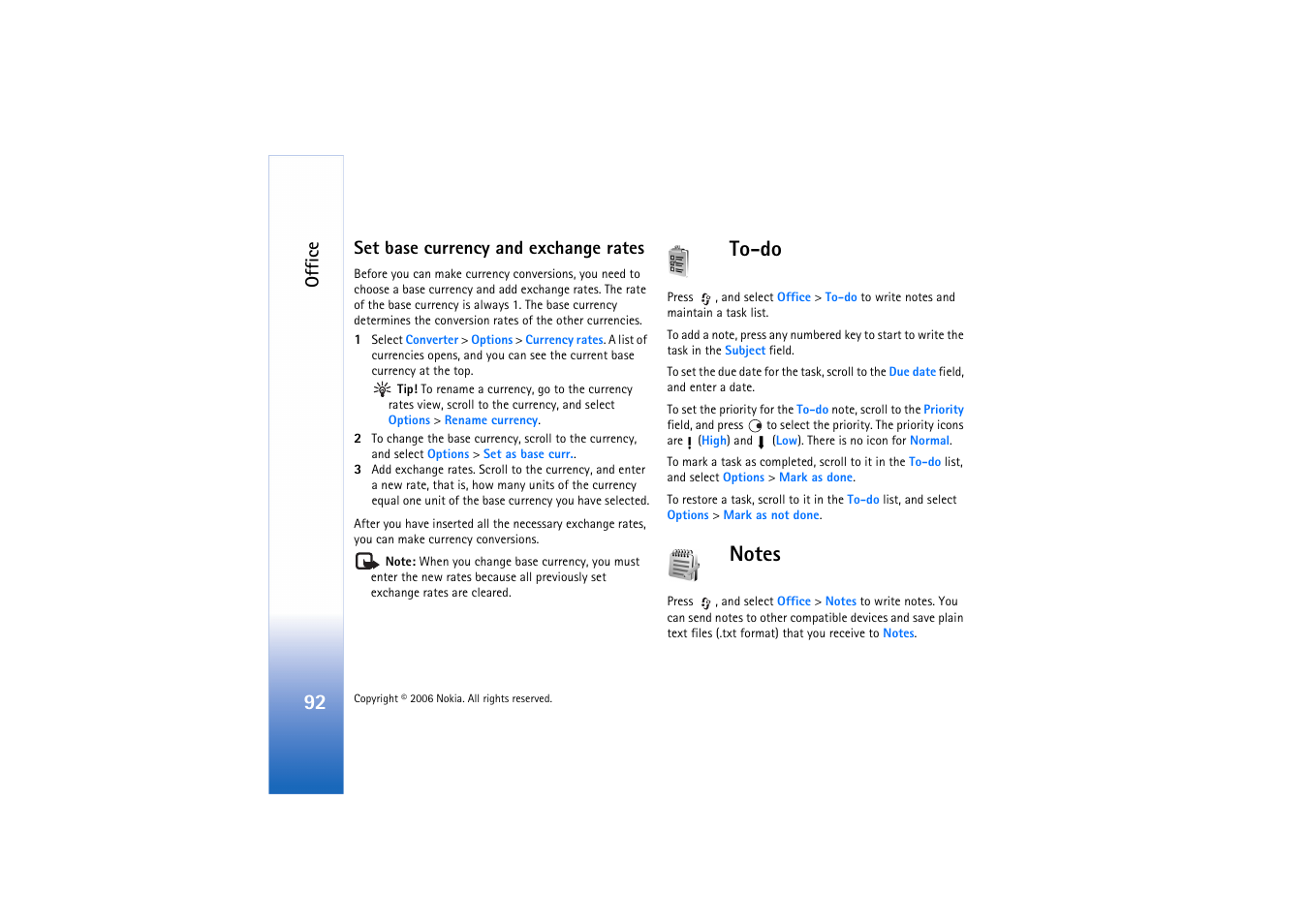 Set base currency and exchange rates, To-do, Notes | To-do notes, Office | Nokia N72 User Manual | Page 93 / 121