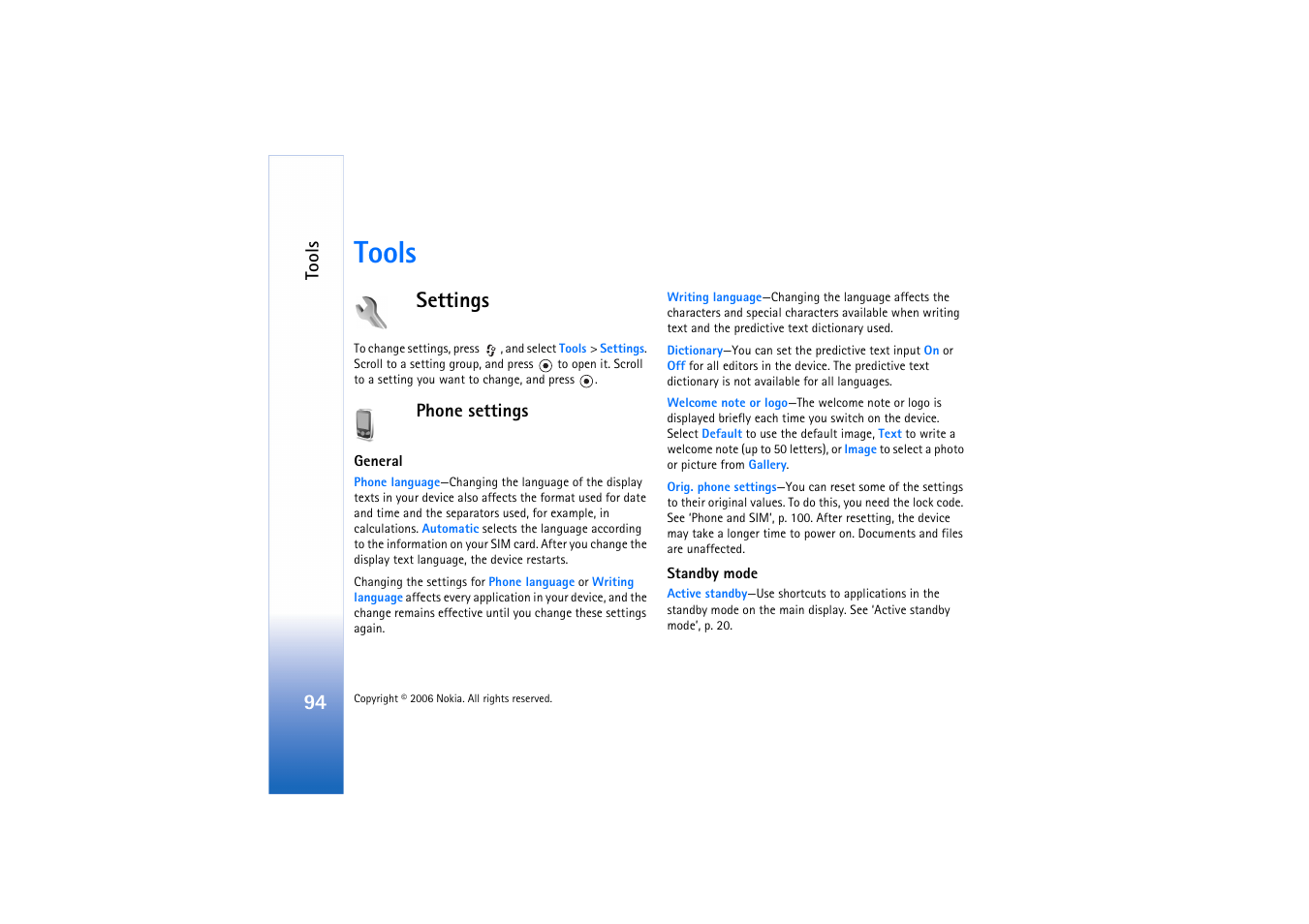 Tools, Settings, Phone settings | See ‘standby mode | Nokia N72 User Manual | Page 95 / 121