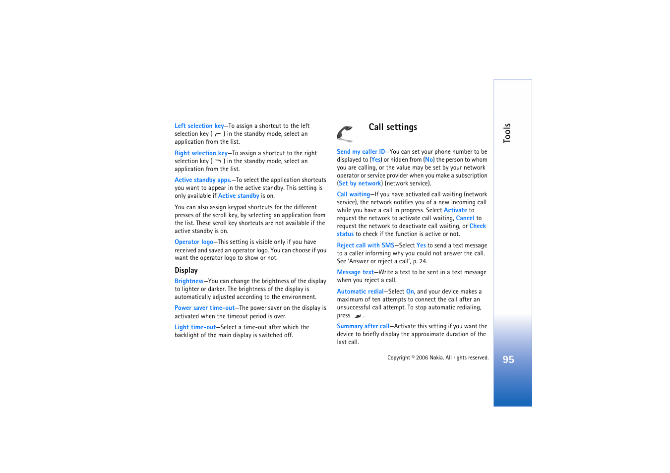 Call settings, Tools | Nokia N72 User Manual | Page 96 / 121