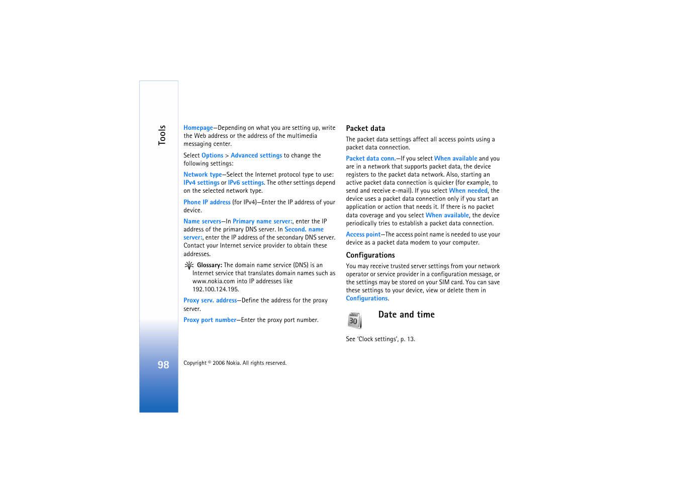 Date and time, Tools | Nokia N72 User Manual | Page 99 / 121