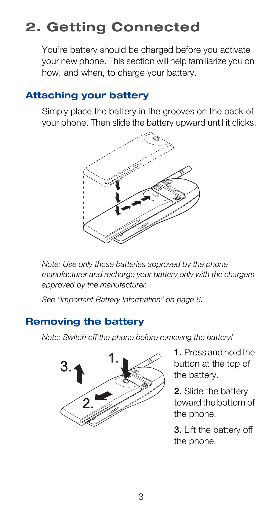 Getting connected, Attaching your battery, Removing the battery | Nokia 6160 User Manual | Page 10 / 101