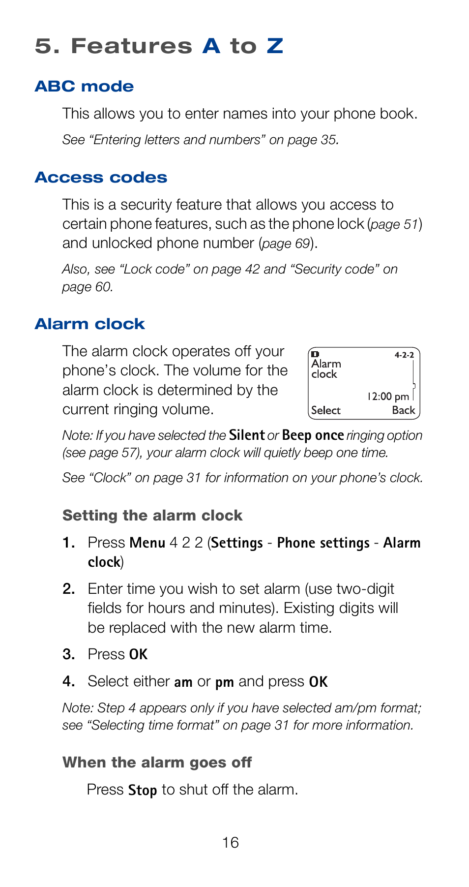 Features a to z, Access codes, Alarm clock | Nokia 6160 User Manual | Page 23 / 101