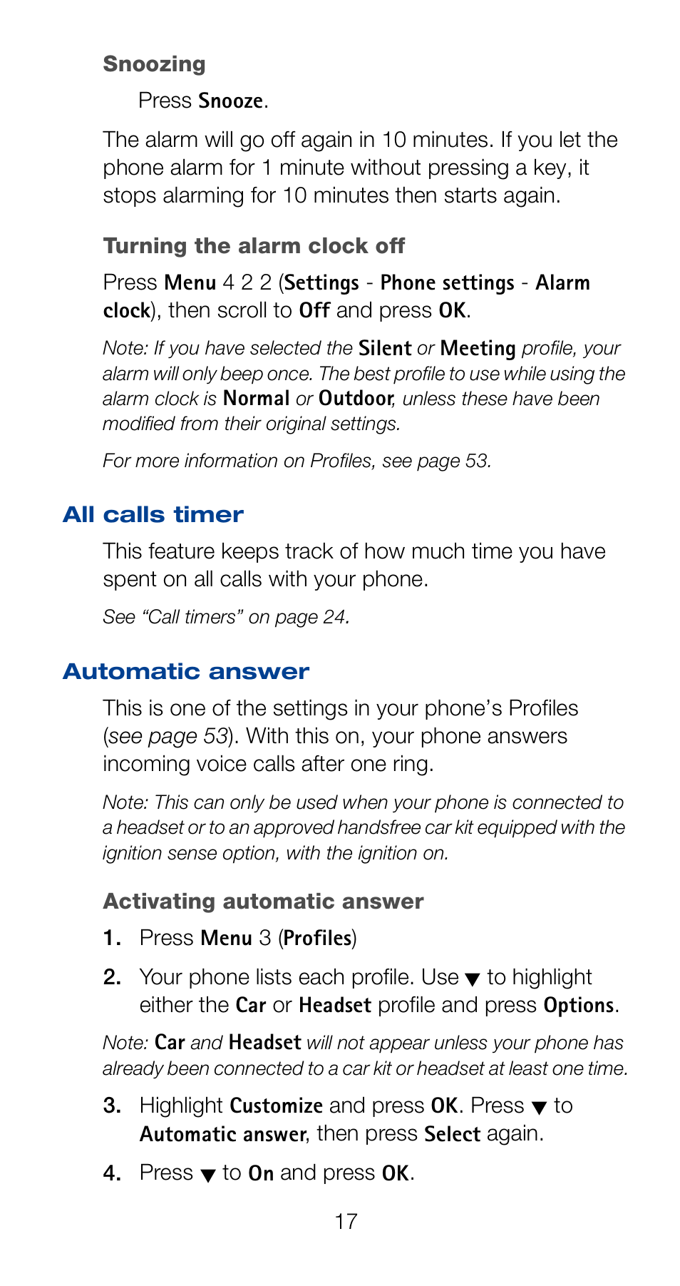 All calls timer, Automatic answer | Nokia 6160 User Manual | Page 24 / 101