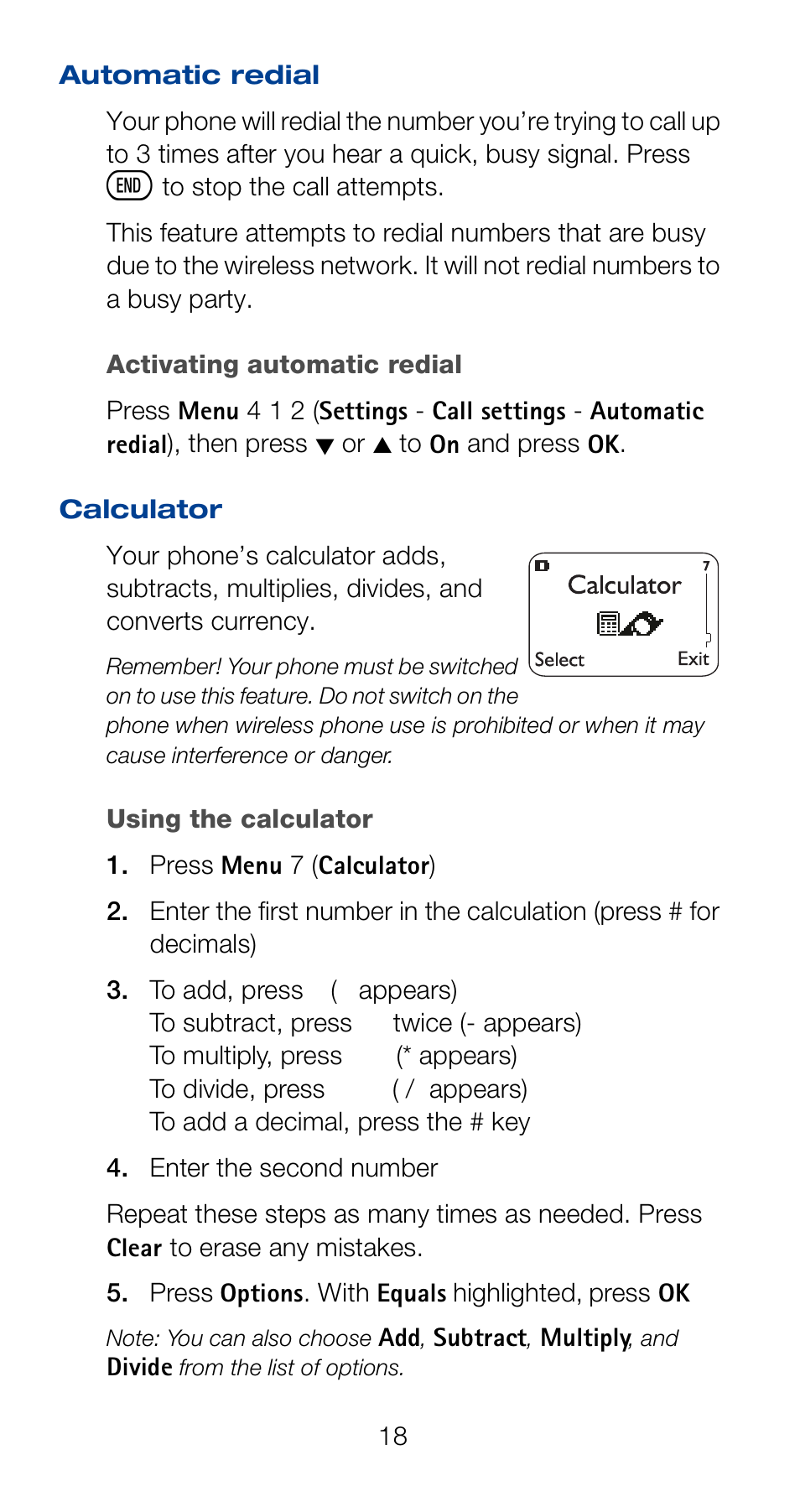 Automatic redial, Calculator | Nokia 6160 User Manual | Page 25 / 101