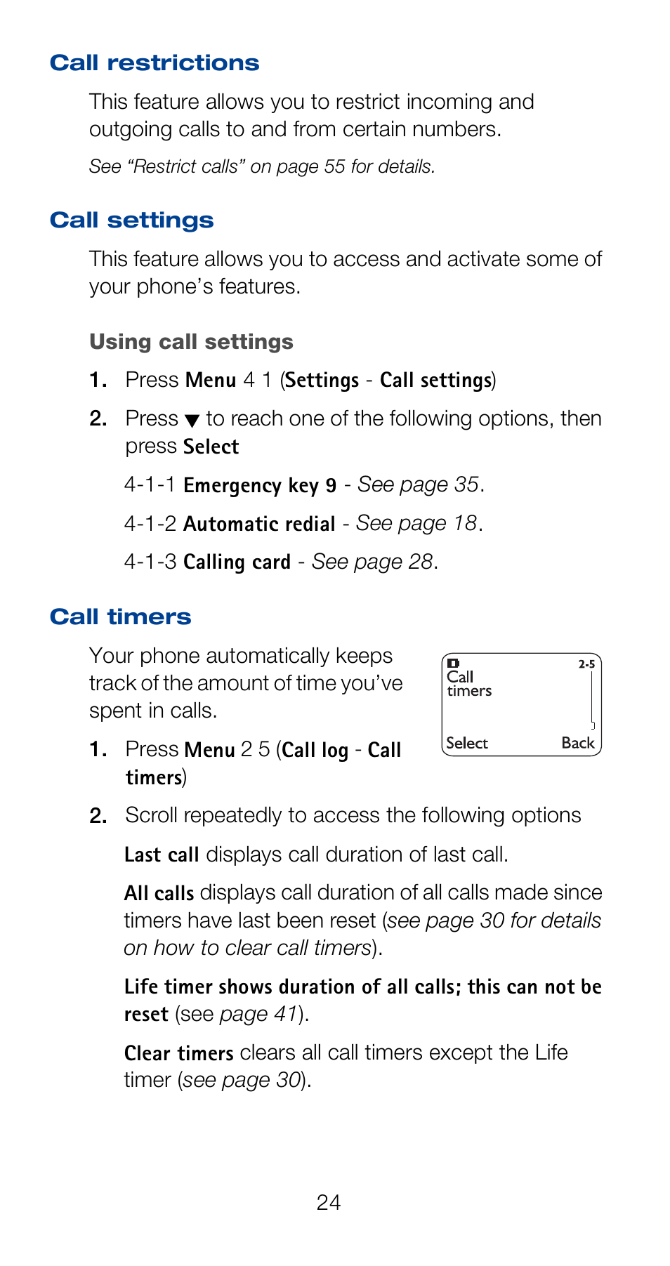 Call restrictions, Call settings, Call timers | Nokia 6160 User Manual | Page 31 / 101