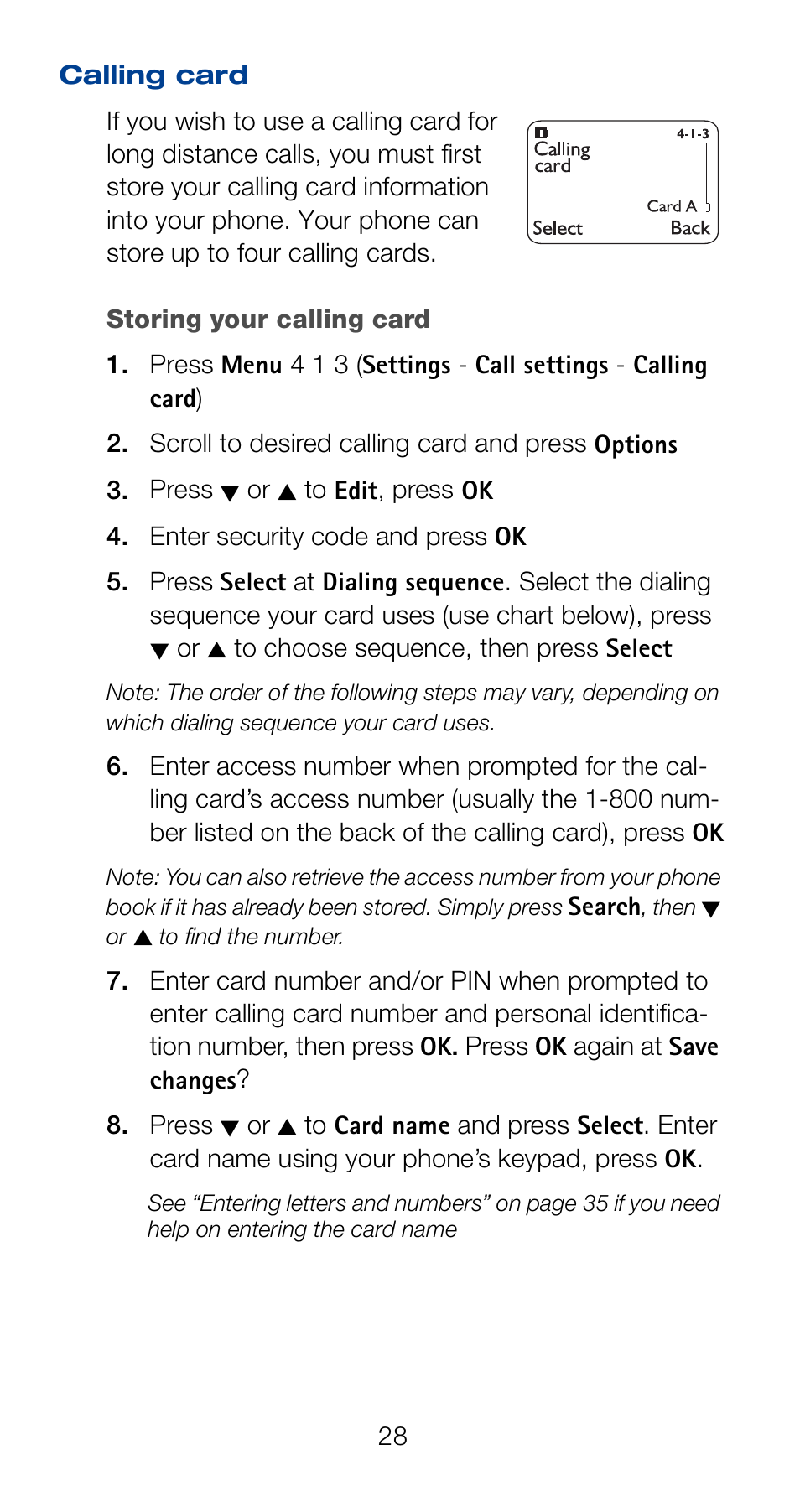 Calling card | Nokia 6160 User Manual | Page 35 / 101