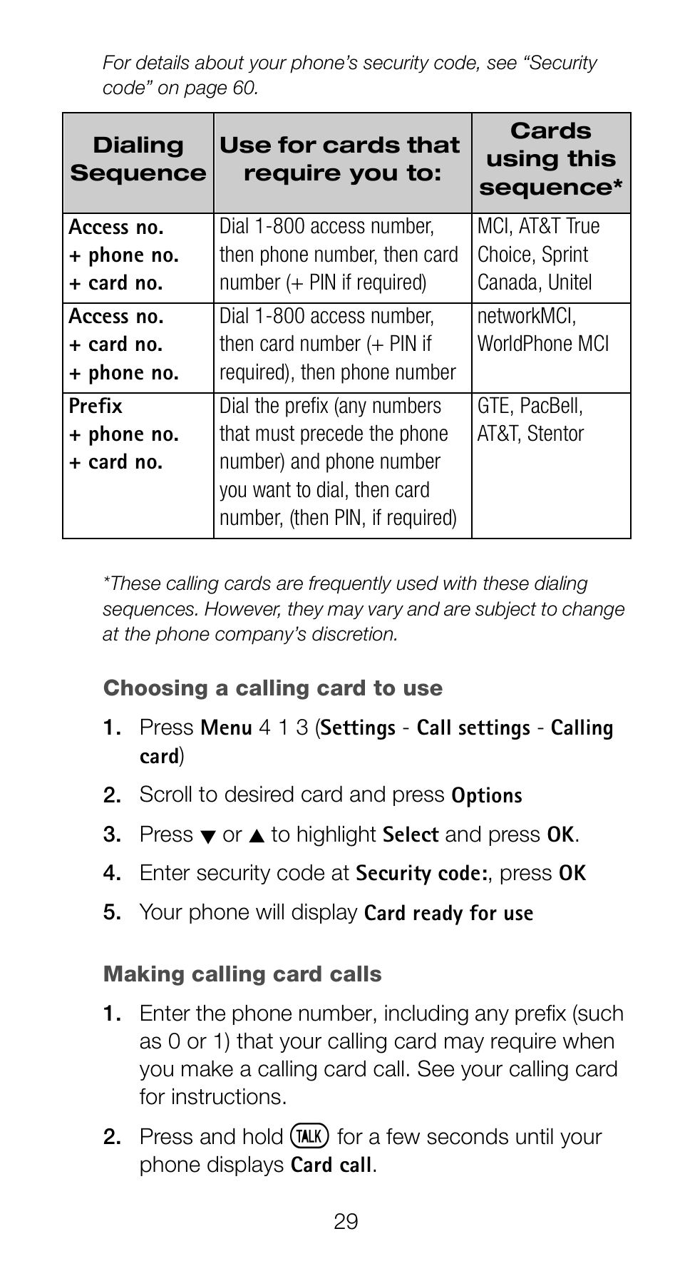 Making calling card calls | Nokia 6160 User Manual | Page 36 / 101