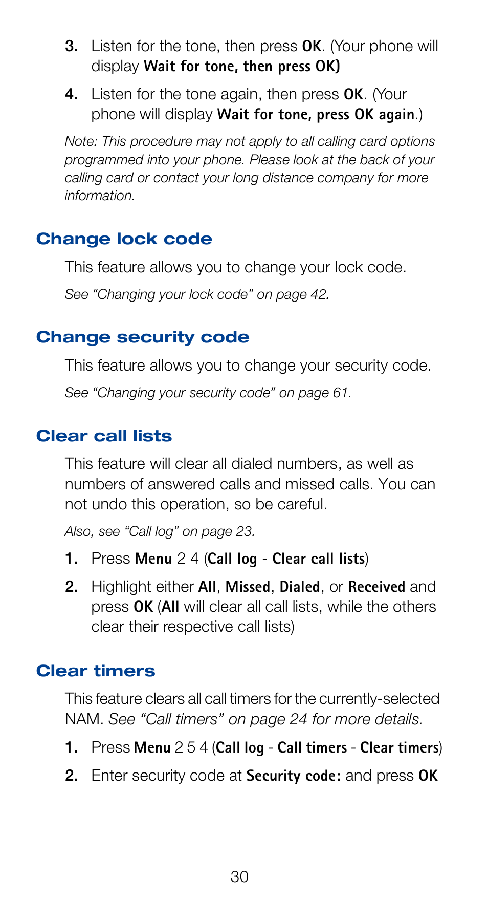 Clear call lists, Clear timers | Nokia 6160 User Manual | Page 37 / 101