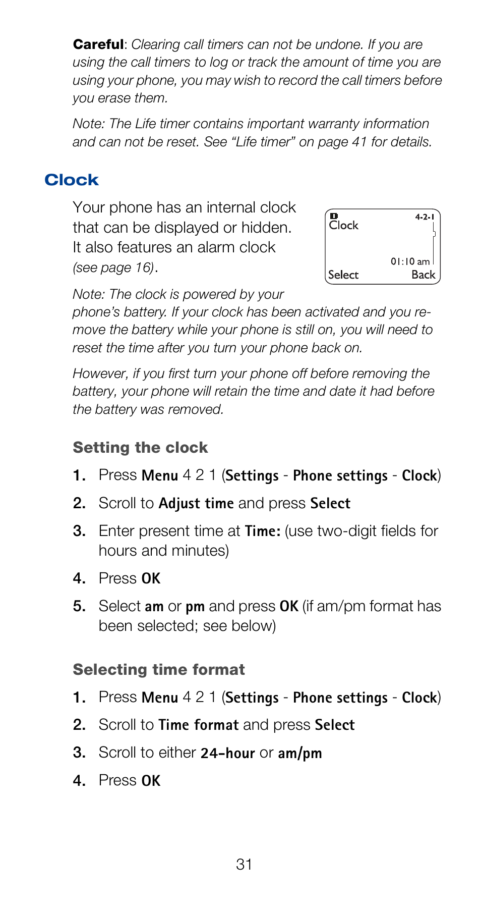 Clock, Setting the clock, Selecting time format | Nokia 6160 User Manual | Page 38 / 101