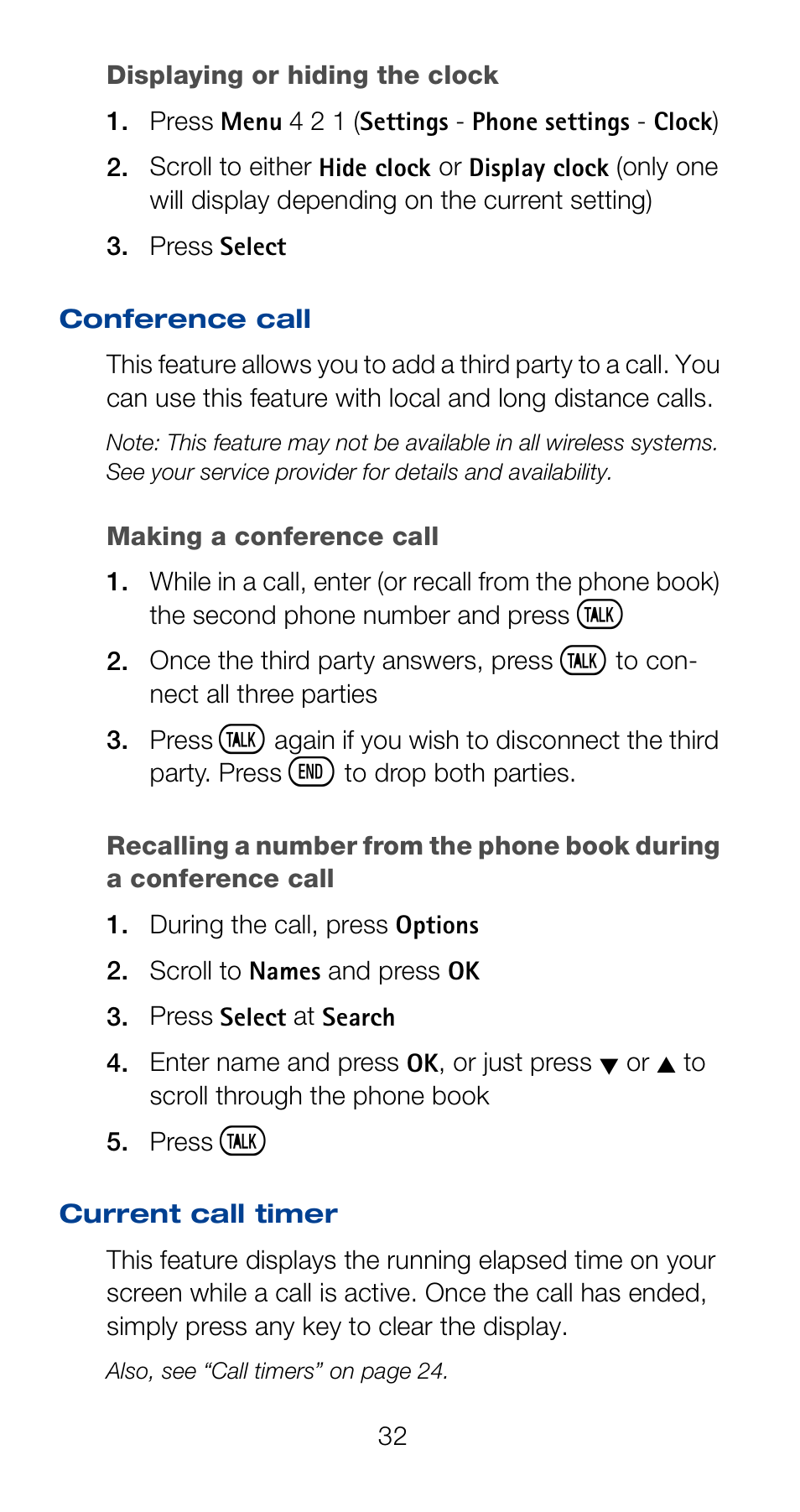 Displaying or hiding the clock, Conference call, Current call timer | Nokia 6160 User Manual | Page 39 / 101