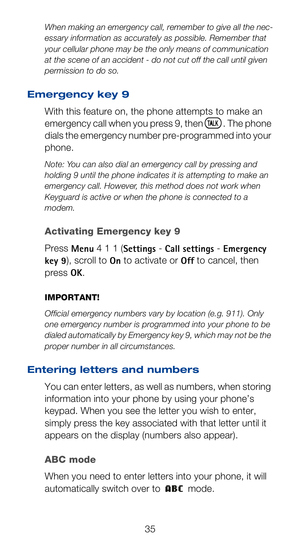 Emergency key 9, Entering letters and numbers, Abc mode | Entering letters and | Nokia 6160 User Manual | Page 42 / 101