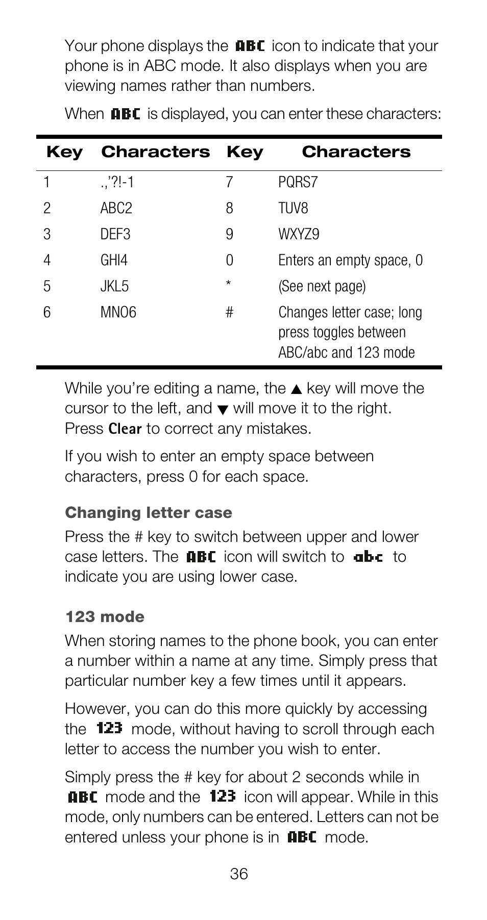 Changing letter case, 123 mode | Nokia 6160 User Manual | Page 43 / 101