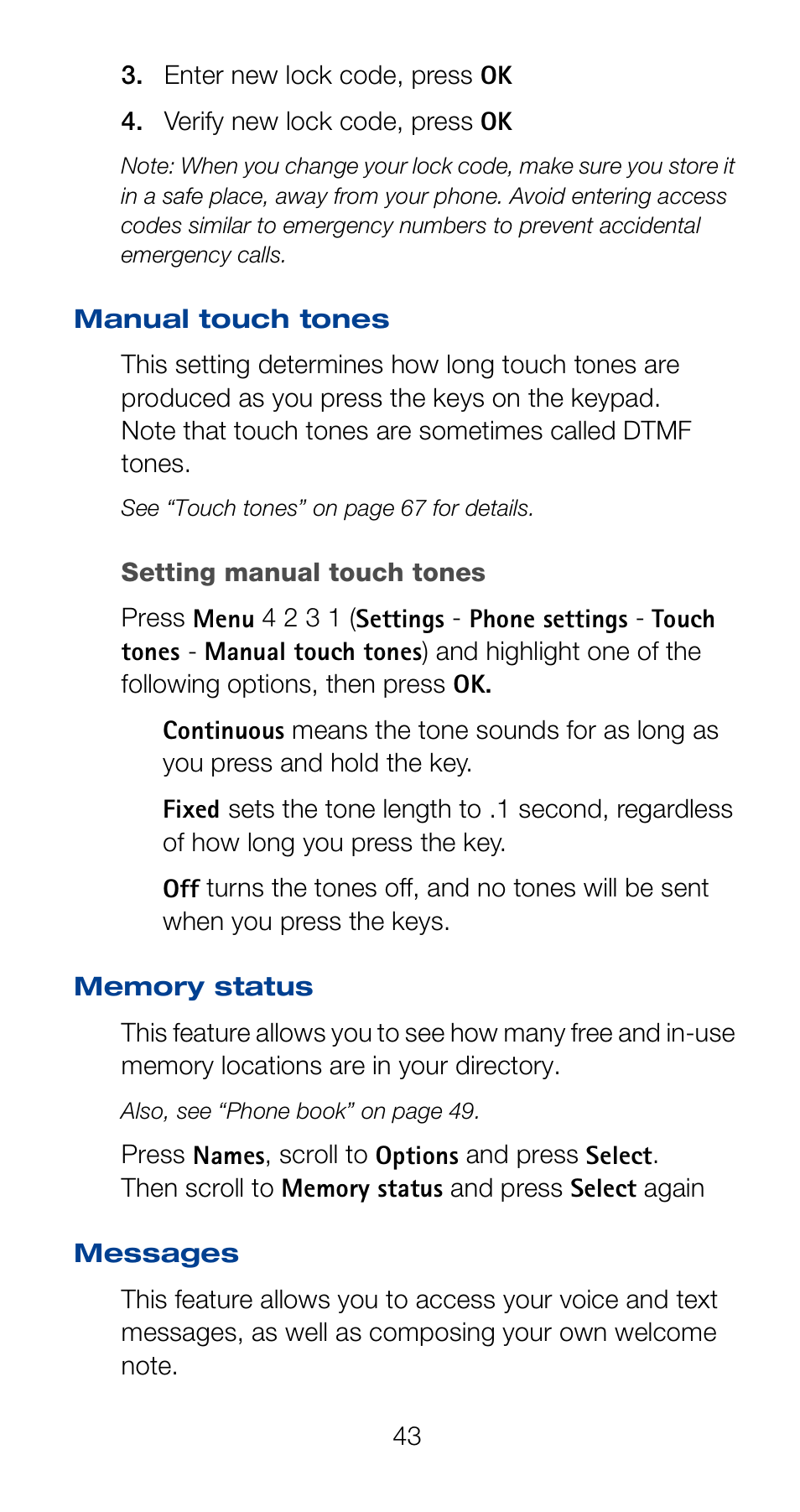 Manual touch tones, Memory status, Messages | Nokia 6160 User Manual | Page 50 / 101