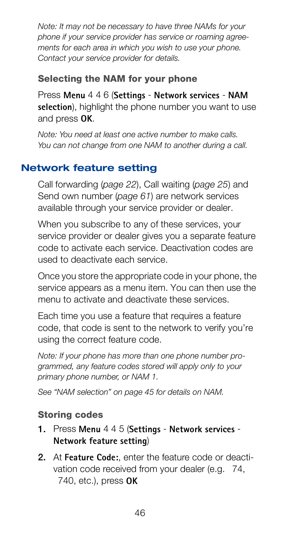 Network feature setting, Storing codes | Nokia 6160 User Manual | Page 53 / 101