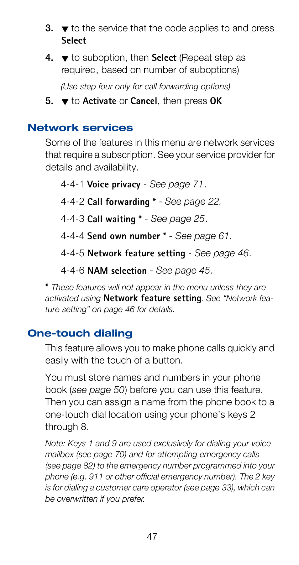 Network services, One-touch dialing | Nokia 6160 User Manual | Page 54 / 101