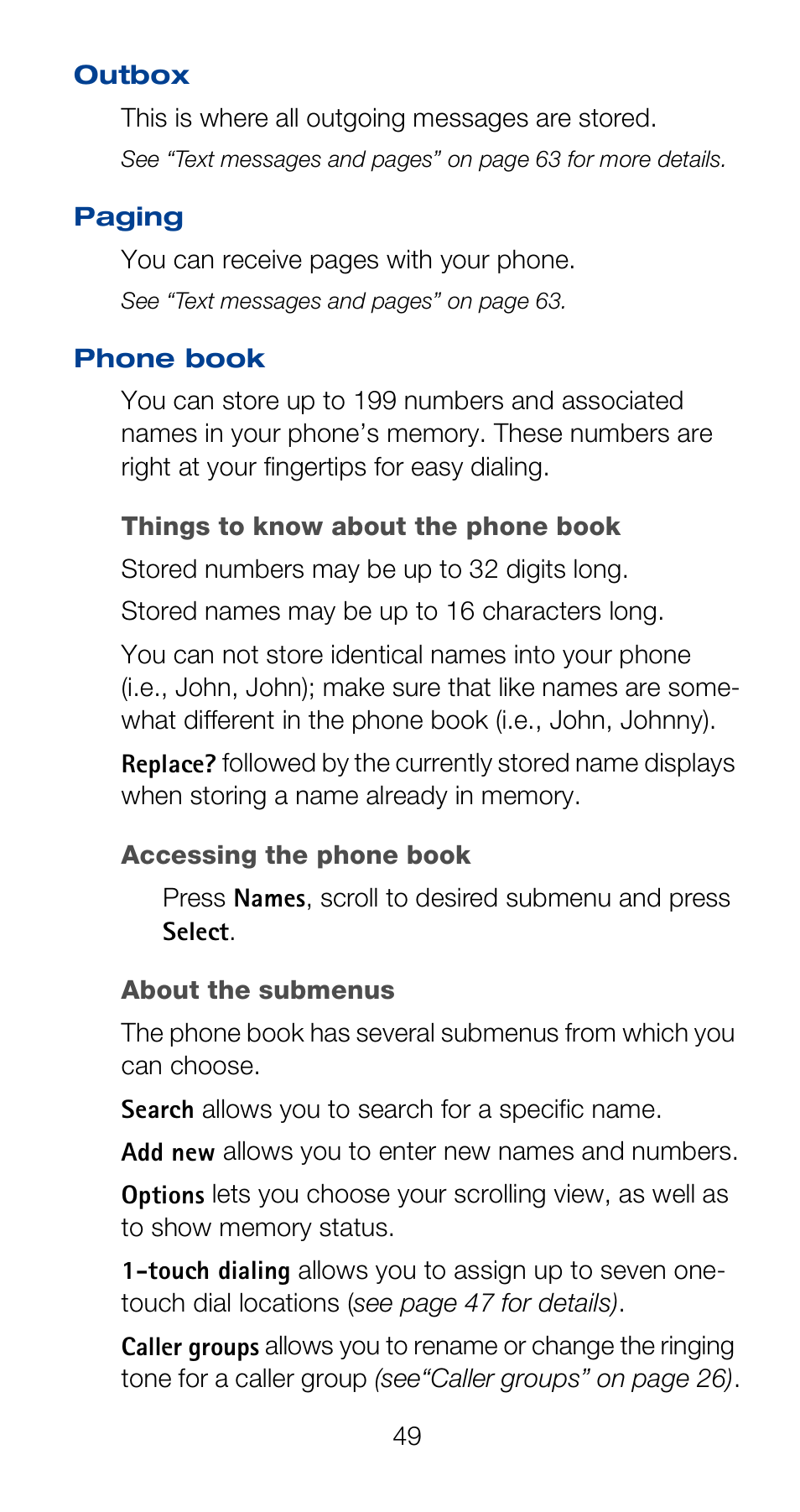 Outbox, Paging, Phone book | Nokia 6160 User Manual | Page 56 / 101