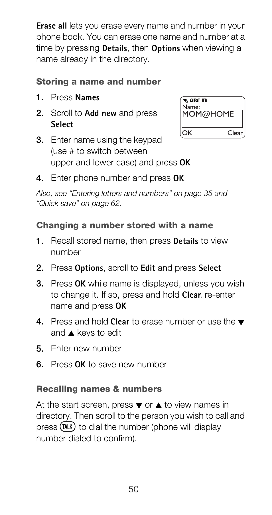 Storing a name and number, Recalling names & numbers | Nokia 6160 User Manual | Page 57 / 101