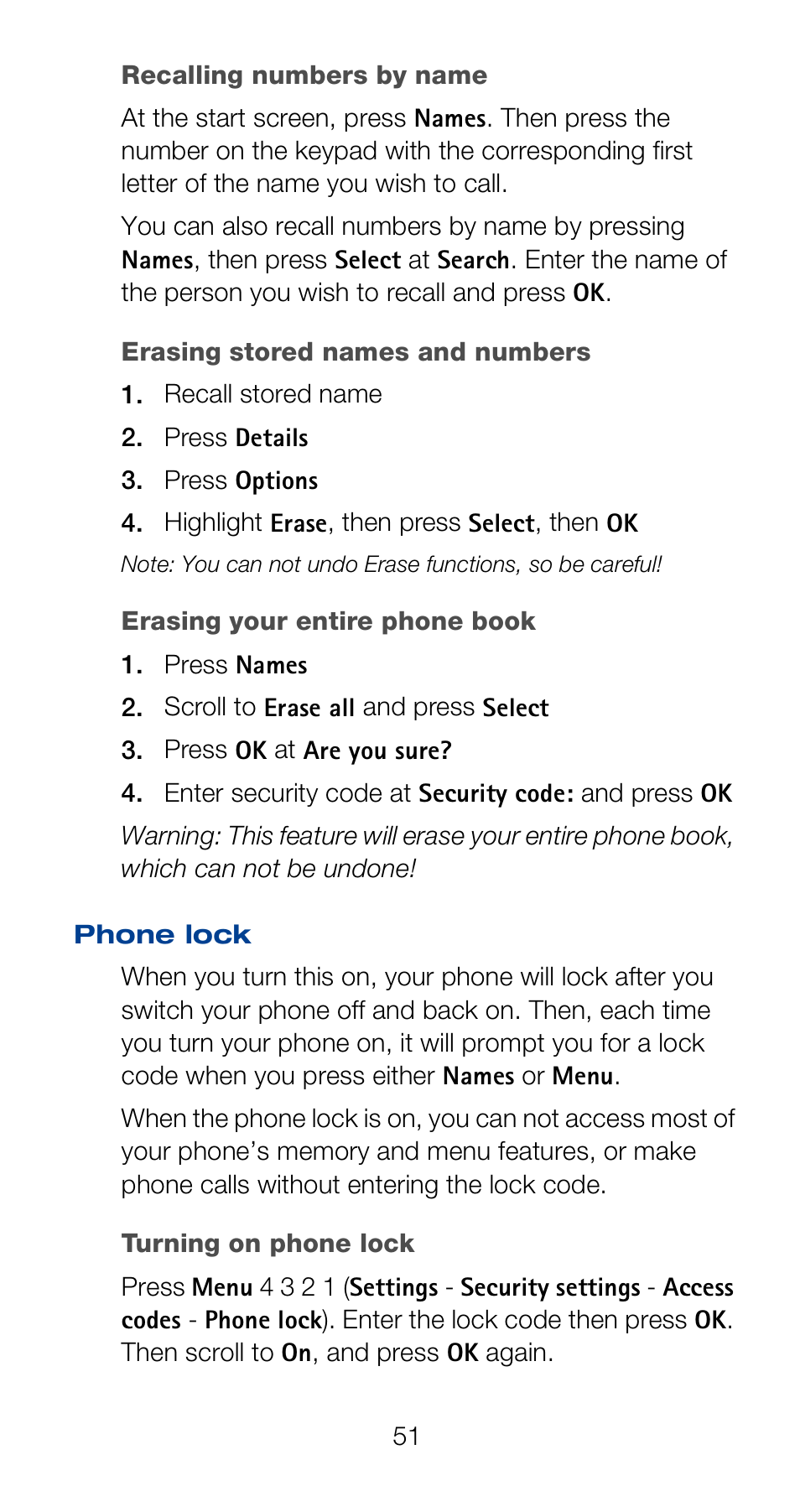 Erasing stored names and numbers, Phone lock | Nokia 6160 User Manual | Page 58 / 101