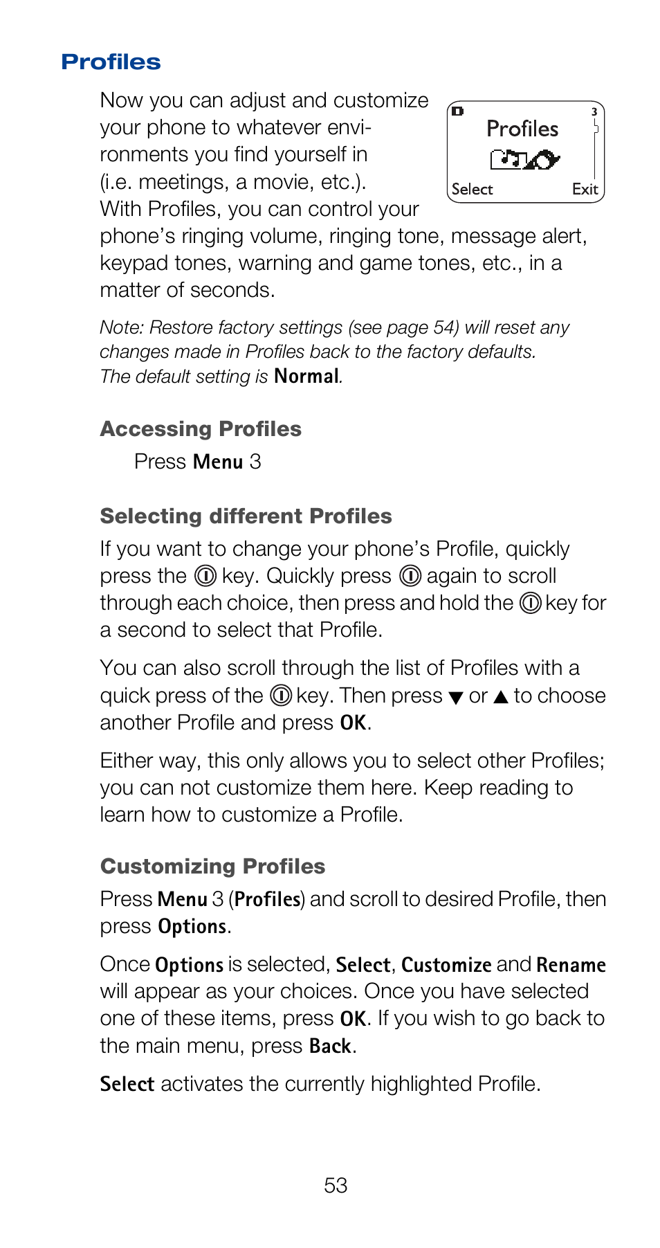 Profiles, Customizing profiles | Nokia 6160 User Manual | Page 60 / 101