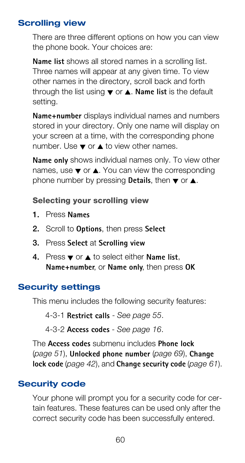 Scrolling view, Security settings, Security code | Nokia 6160 User Manual | Page 67 / 101