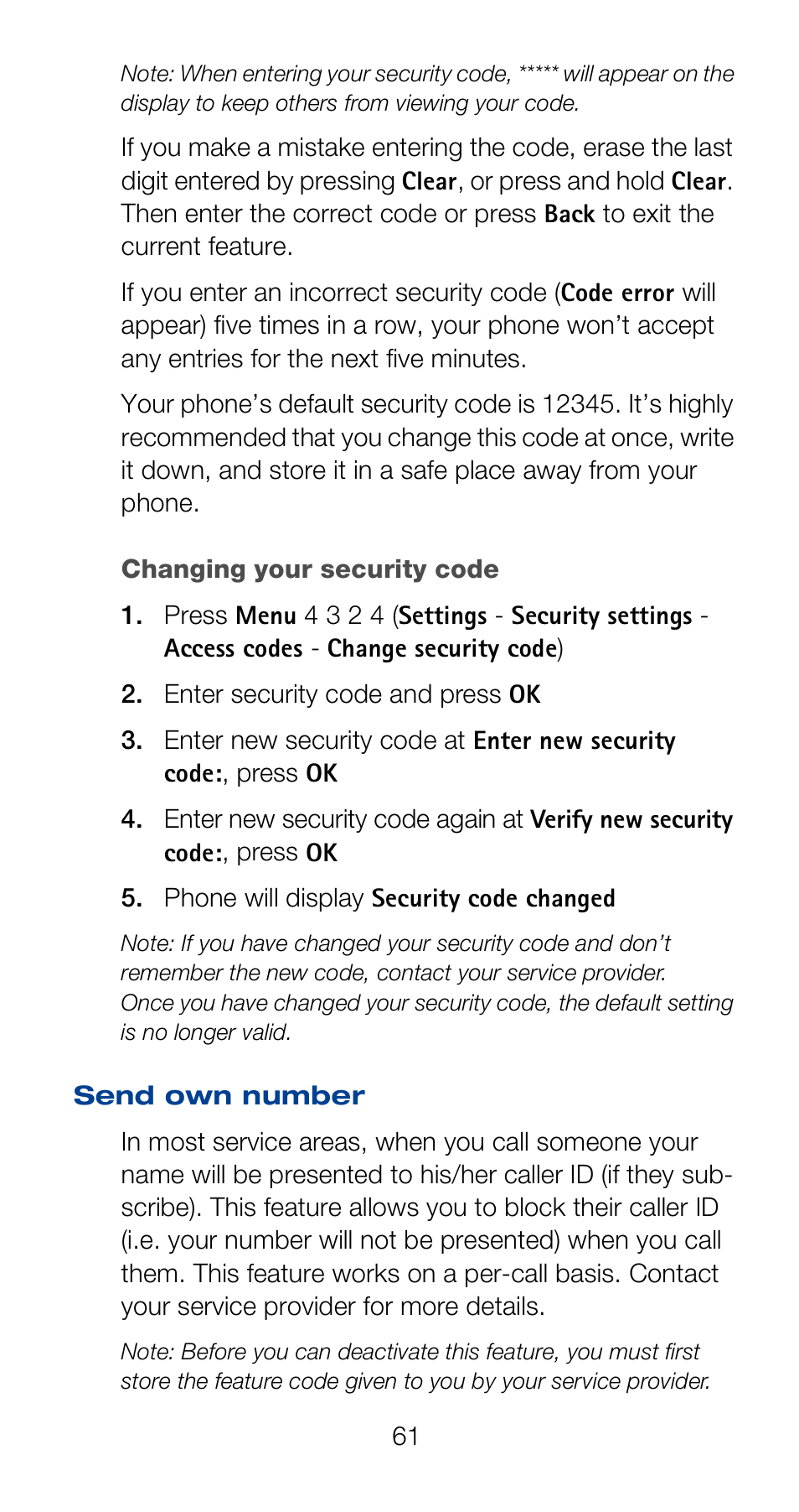 Changing your security code, Send own number | Nokia 6160 User Manual | Page 68 / 101