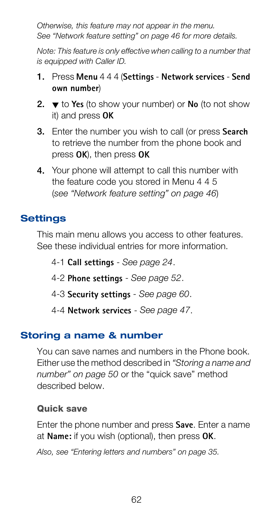 Settings, Storing a name & number, Quick save | Nokia 6160 User Manual | Page 69 / 101