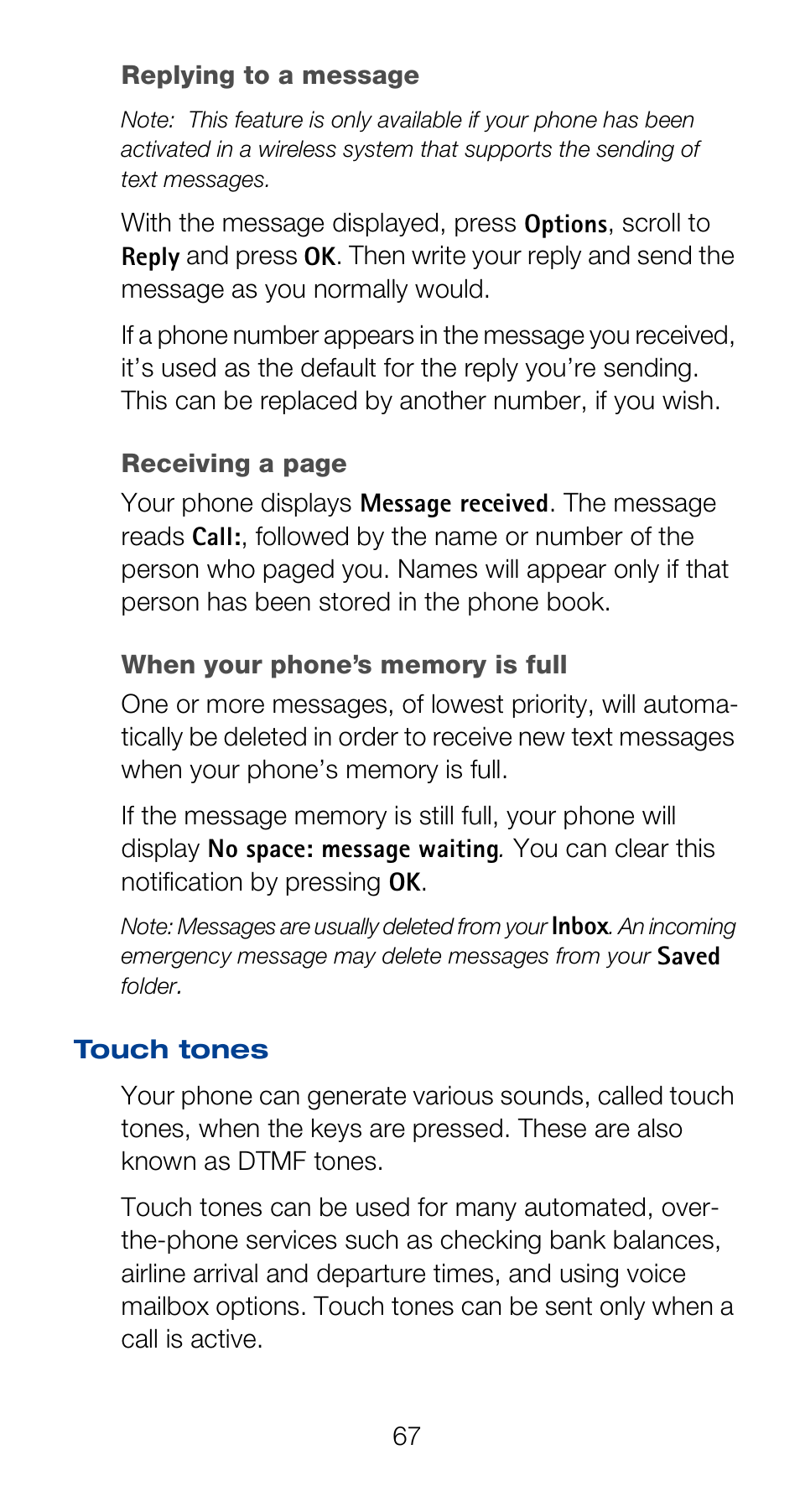 Replying to a message, Touch tones | Nokia 6160 User Manual | Page 74 / 101