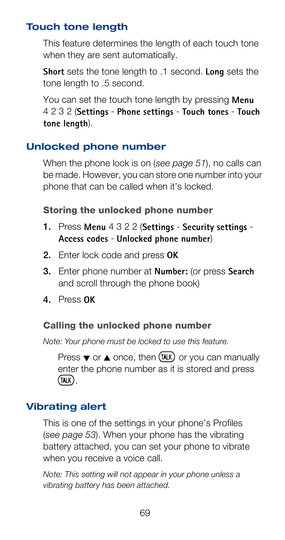 Touch tone length, Unlocked phone number, Vibrating alert | Nokia 6160 User Manual | Page 76 / 101