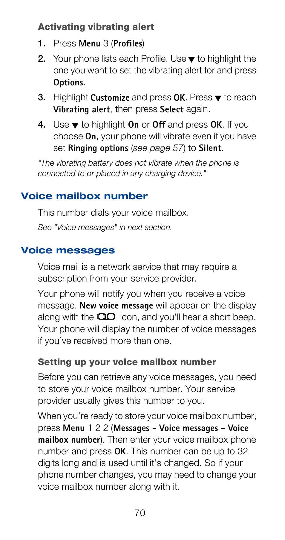 Voice messages, Setting up your voice mailbox number | Nokia 6160 User Manual | Page 77 / 101