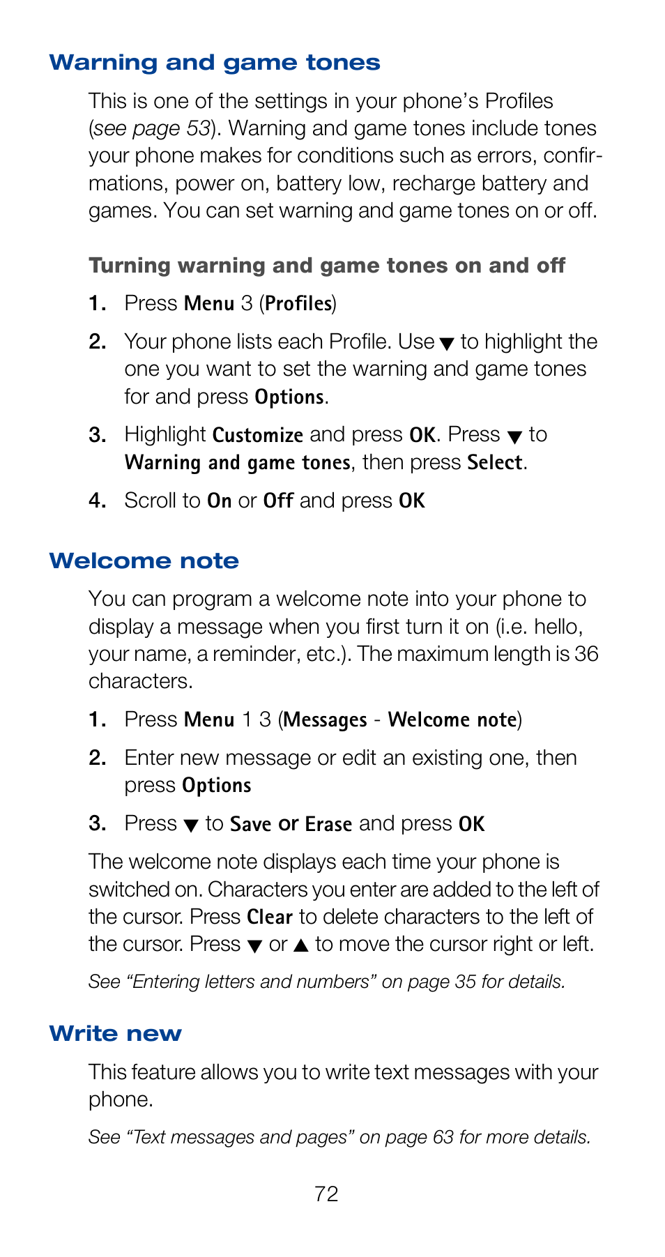 Warning and game tones, Welcome note, Write new | Nokia 6160 User Manual | Page 79 / 101