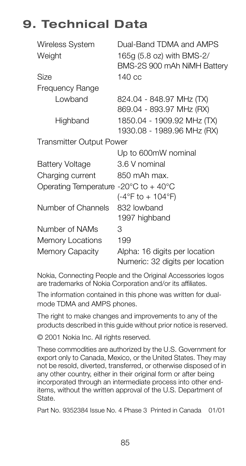 Technical data | Nokia 6160 User Manual | Page 92 / 101