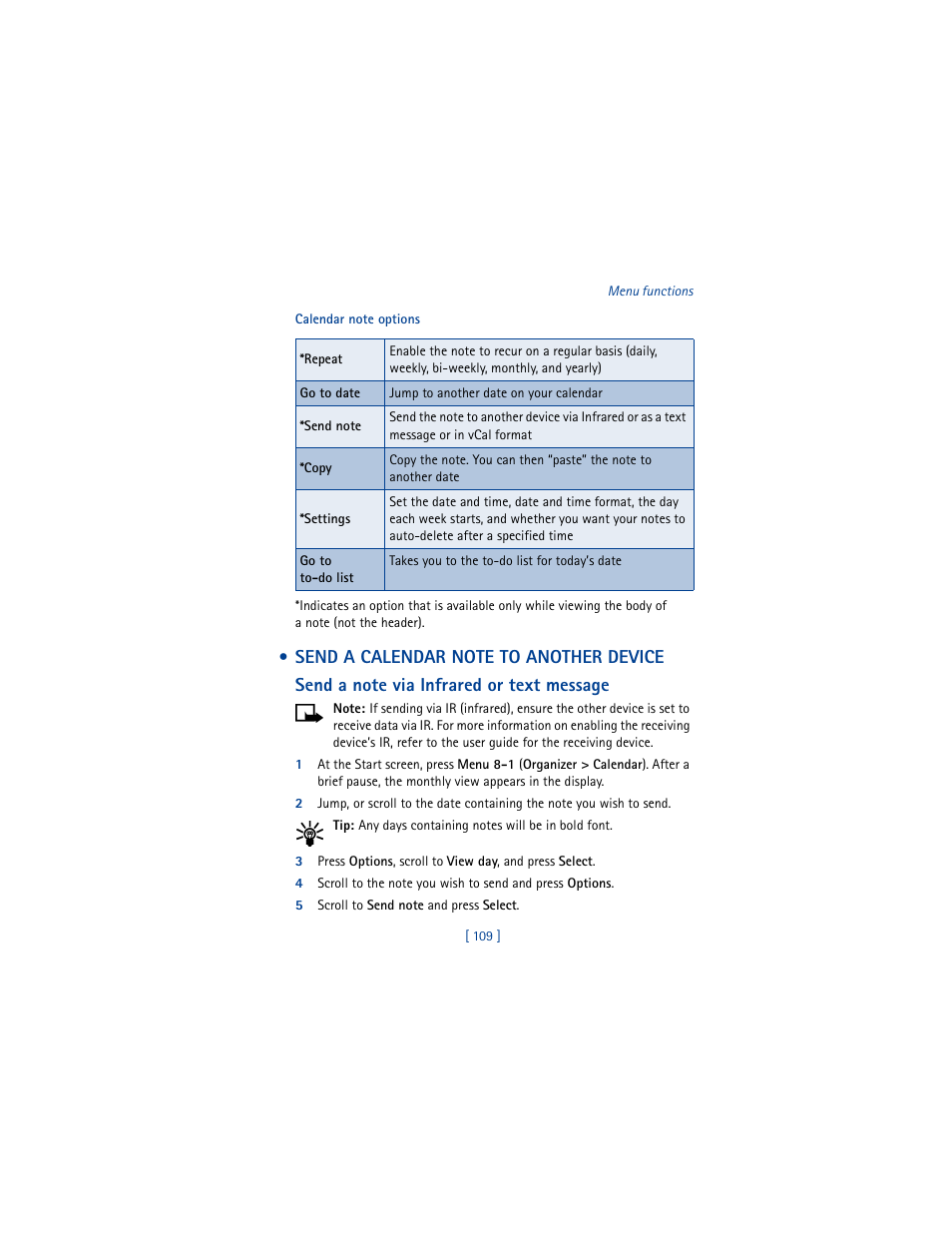 Send a calendar note to another device | Nokia 6610 User Manual | Page 118 / 185