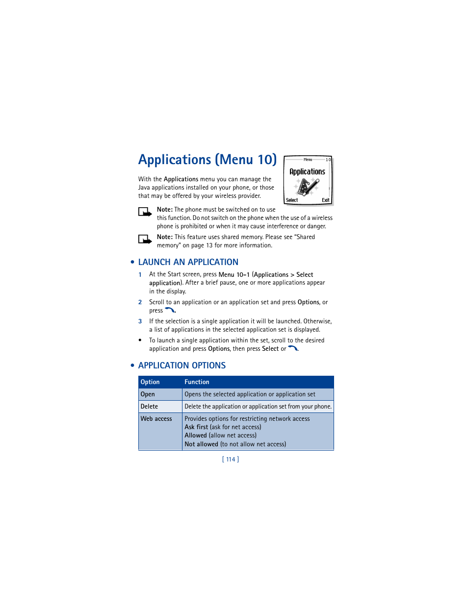 Applications (menu 10), Launch an application, Application options | Launch an application application options | Nokia 6610 User Manual | Page 123 / 185