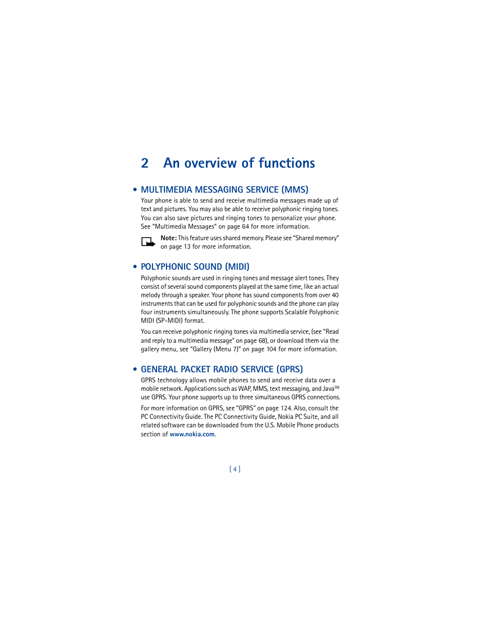 2 an overview of functions, Multimedia messaging service (mms), Polyphonic sound (midi) | General packet radio service (gprs), An overview of functions, 2an overview of functions | Nokia 6610 User Manual | Page 13 / 185