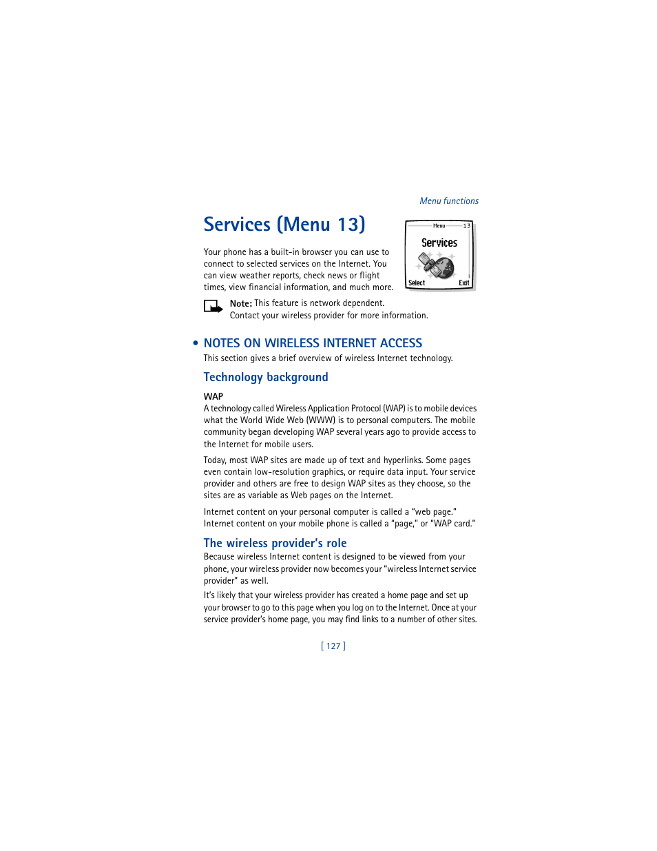 Services (menu 13), Notes on wireless internet access | Nokia 6610 User Manual | Page 136 / 185