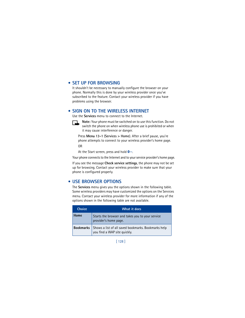 Set up for browsing, Sign on to the wireless internet, Use browser options | Nokia 6610 User Manual | Page 137 / 185