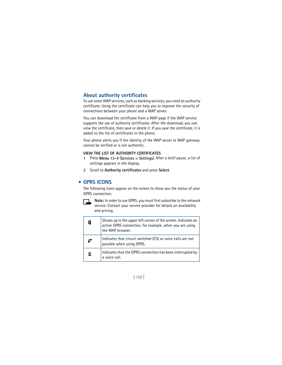 Gprs icons, About authority certificates | Nokia 6610 User Manual | Page 141 / 185