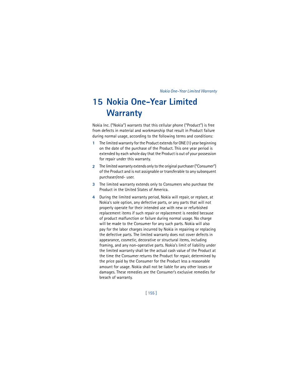 15 nokia one-year limited warranty | Nokia 6610 User Manual | Page 164 / 185