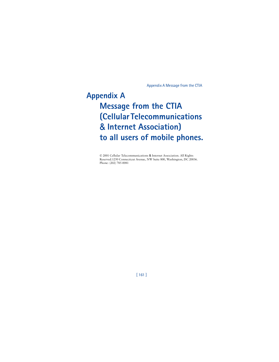 Appendix a message from the ctia, Appendix a | Nokia 6610 User Manual | Page 170 / 185