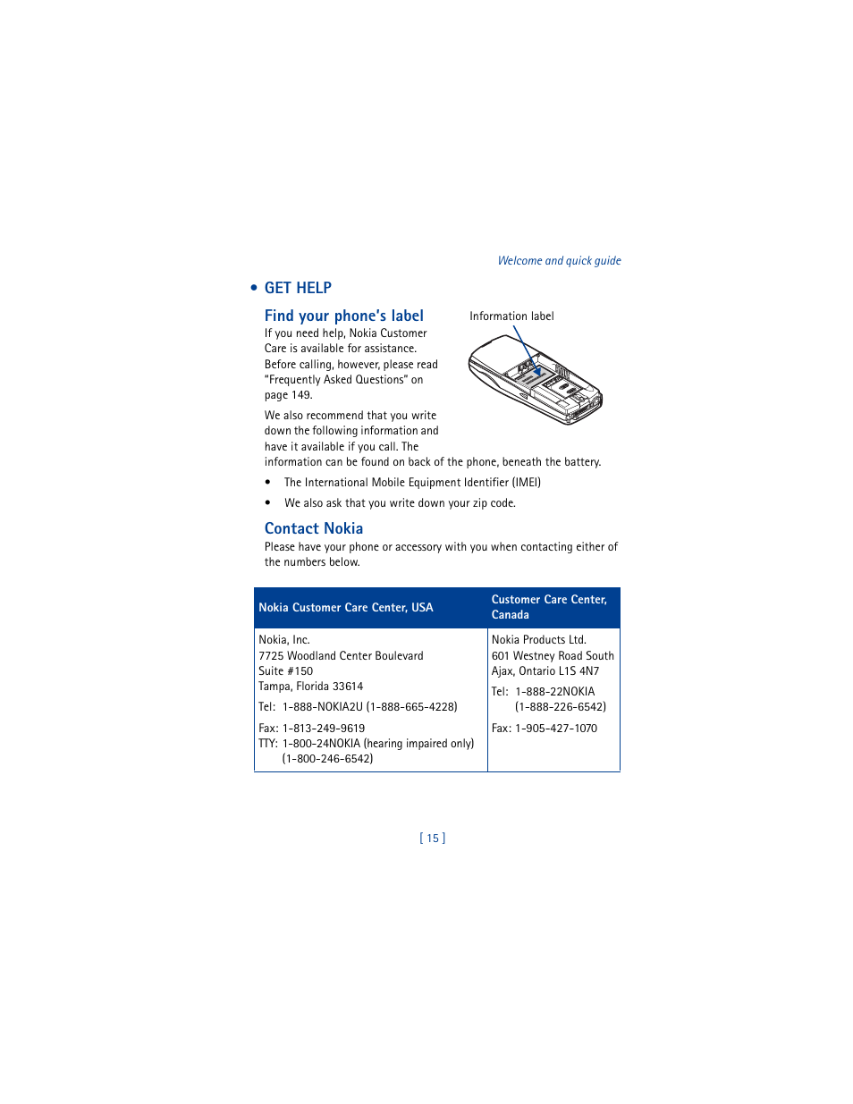 Get help, Get help find your phone’s label, Contact nokia | Nokia 6610 User Manual | Page 24 / 185