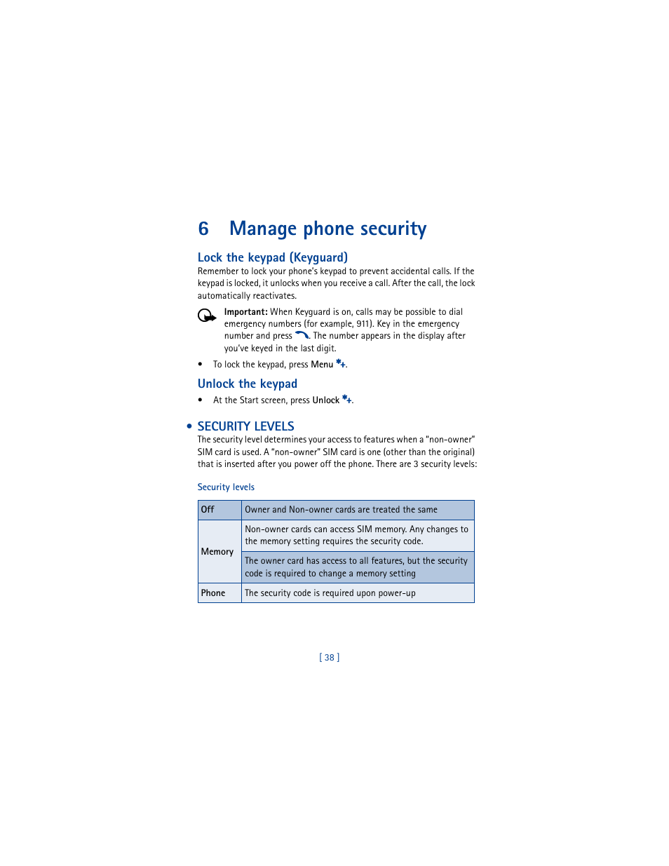 6 manage phone security, Security levels, Manage phone security | 6manage phone security | Nokia 6610 User Manual | Page 47 / 185