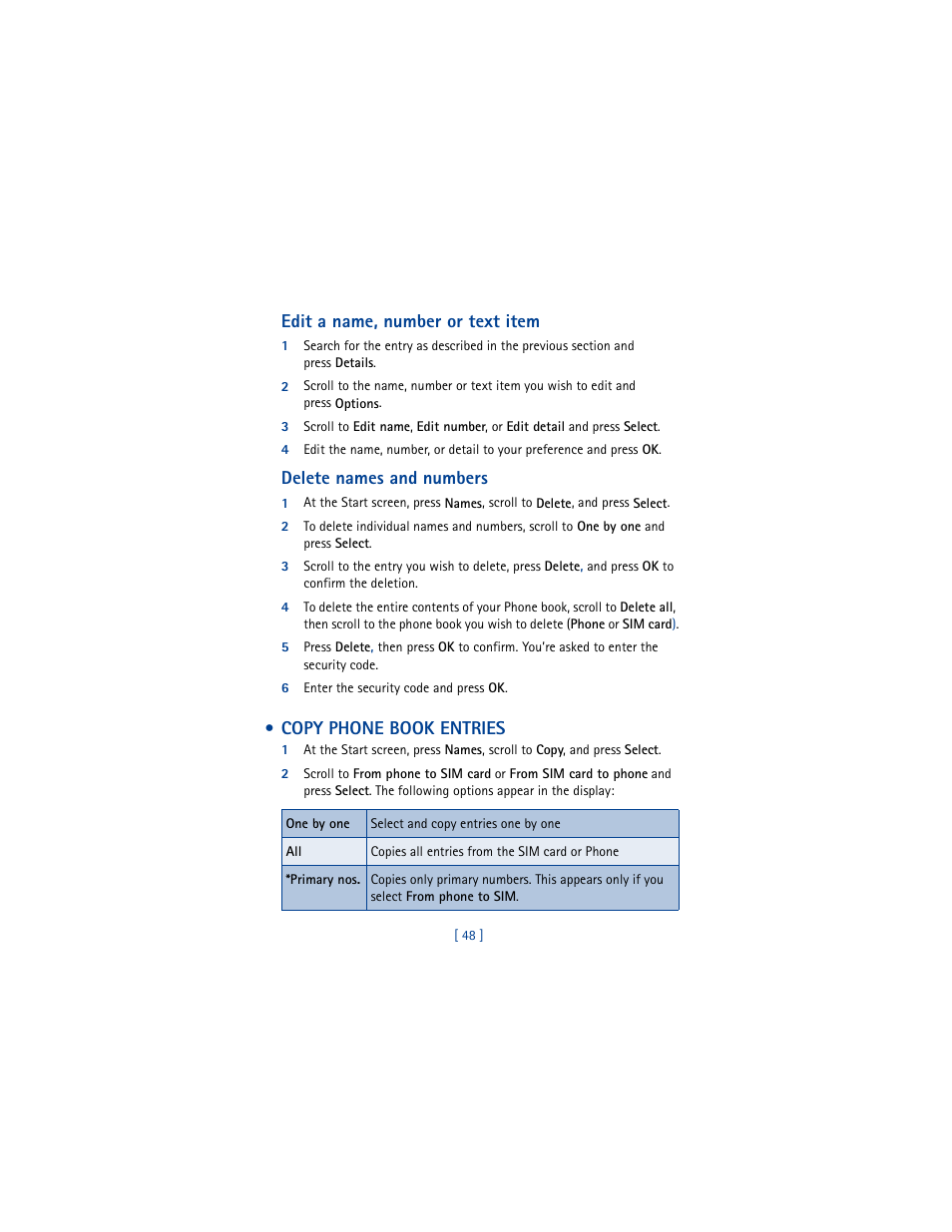 Copy phone book entries, Edit a name, number or text item, Delete names and numbers | Nokia 6610 User Manual | Page 57 / 185