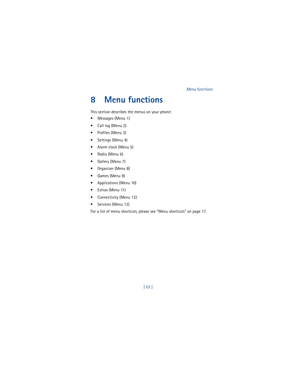 8 menu functions, Menu functions, 8menu functions | Nokia 6610 User Manual | Page 62 / 185