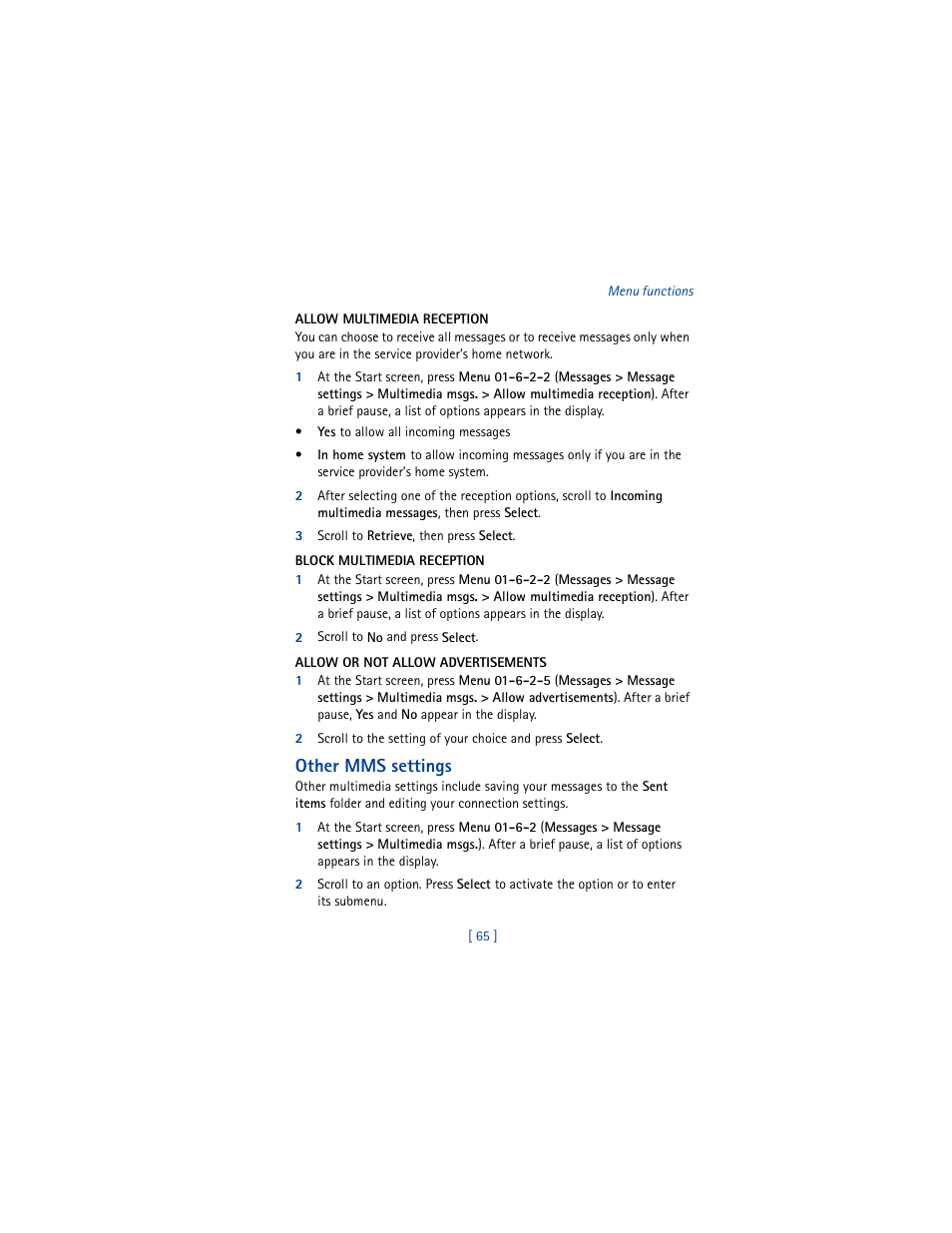 Other mms settings | Nokia 6610 User Manual | Page 74 / 185